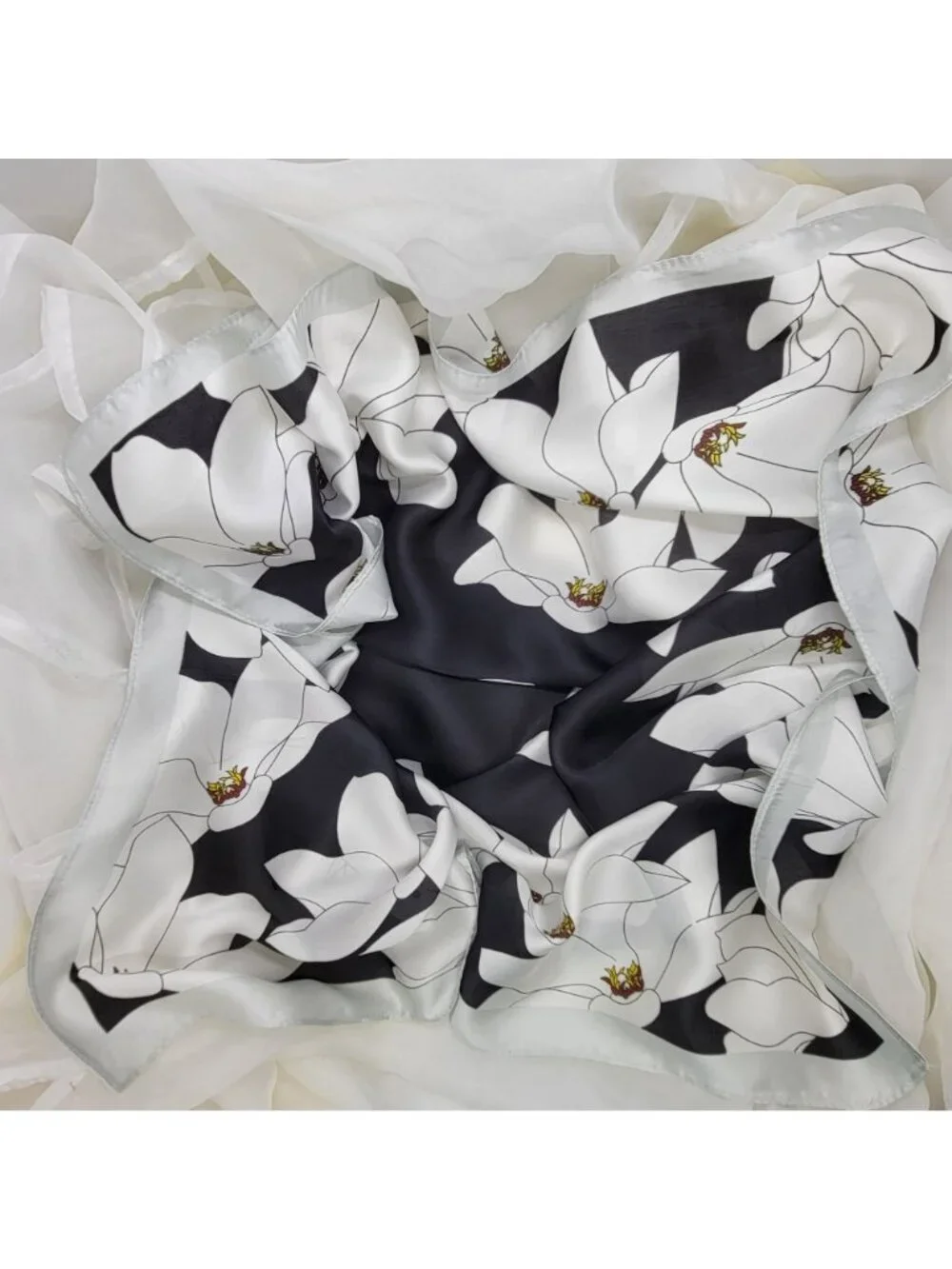 ⭐New Elegant Bandana Square Scarf Silky Satin Soft BLACK WHITE Floral Wrap Shawl_7